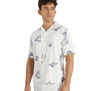NWT! Yôke Short Sleeve Linen/Cotton Shirt With Embroidered Nautical Theme XL
